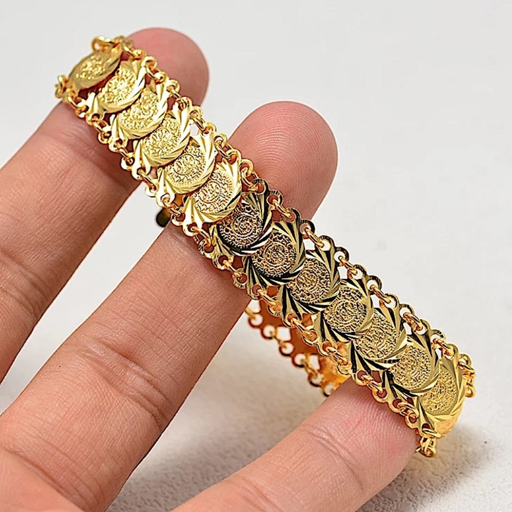 Gold Plated Yellow Gold Coin Link Bracelet Textured Tarnish Free Everyday Wear